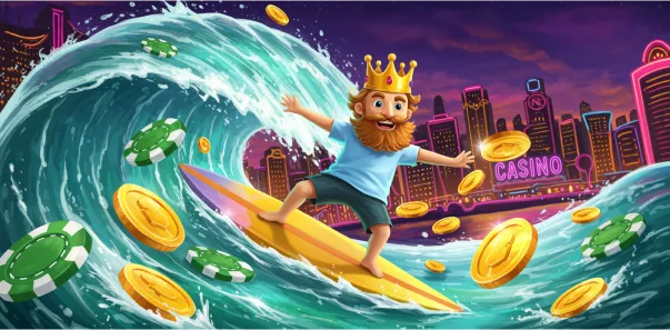 SpinRise Casino – Mächtiger König wirft riesige Würfel und türmt Chips im Slot-Bereich
